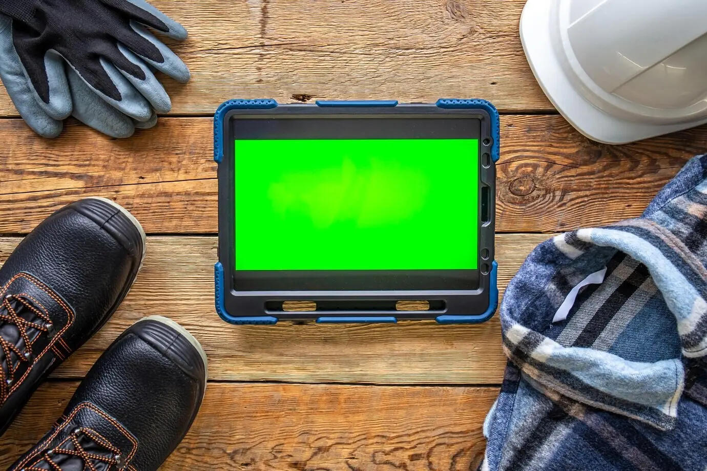 Bauarbeiteruniform und Tablet-Computer auf Holzhintergrund in Draufsicht.